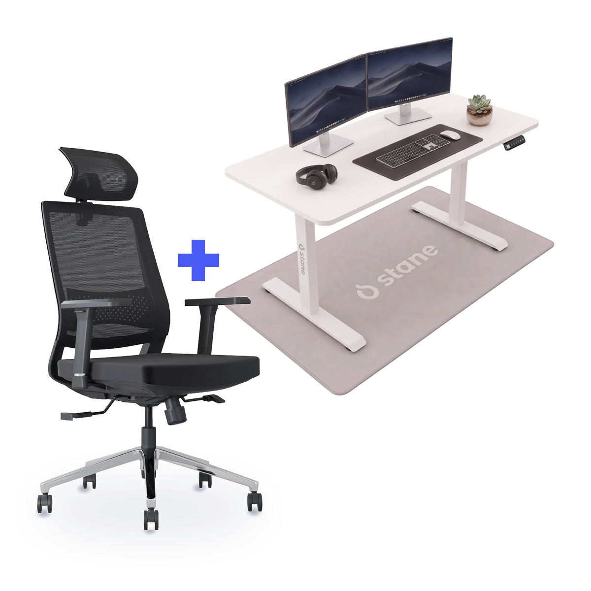 Stane Classic Plus met zit-sta bureau 140 x 60 cm, wit blad en wit frame
