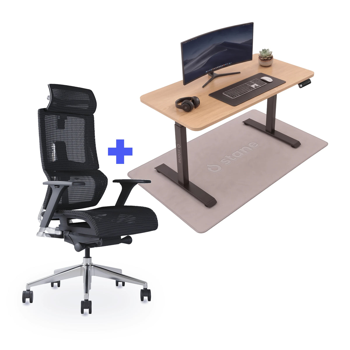 Stane Elite mesh met zit-sta bureau 120 x 60 cm, eiken blad en zwart frame