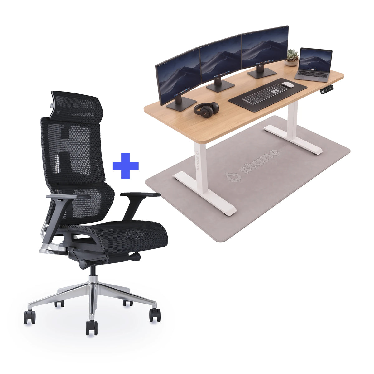 Stane Elite mesh met zit-sta bureau 160 x 80 cm, eiken blad en wit frame