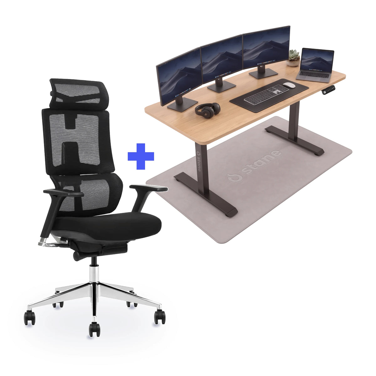 Stane Elite schuim met zit-sta bureau 160 x 80 cm, eiken blad en zwart frame