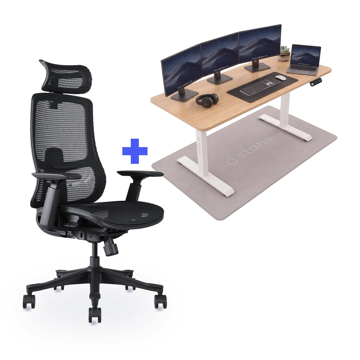 Stane Premium mesh met zit-sta bureau 160 x 80 cm, eiken blad en wit frame