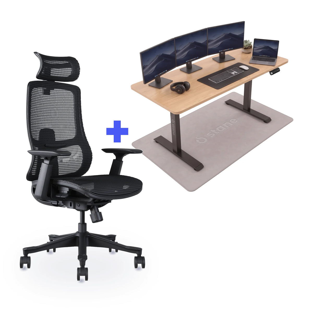 Stane Premium mesh met zit-sta bureau 160 x 80 cm, eiken blad en zwart frame