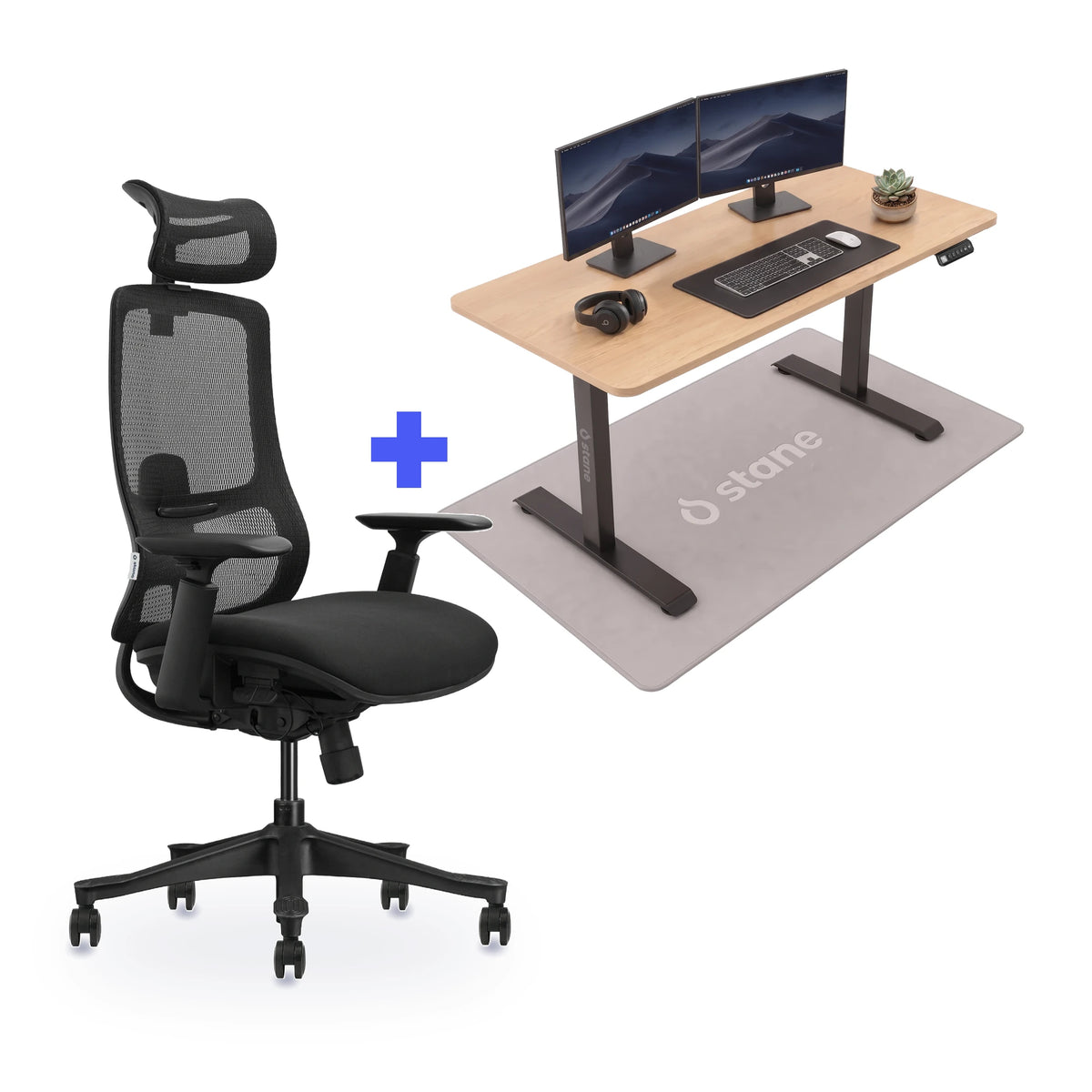 Stane Premium schuim met zit-sta bureau 140 x 60 cm, eiken blad en zwart frame