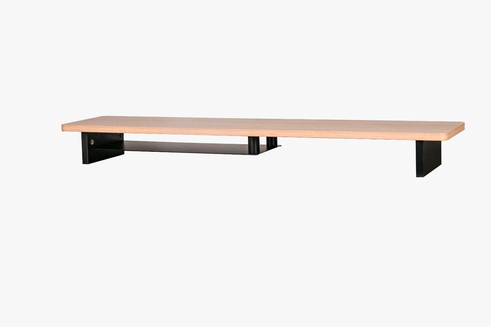Desk Shelf in eiken met zwarte stalen poten, driekwart aanzicht