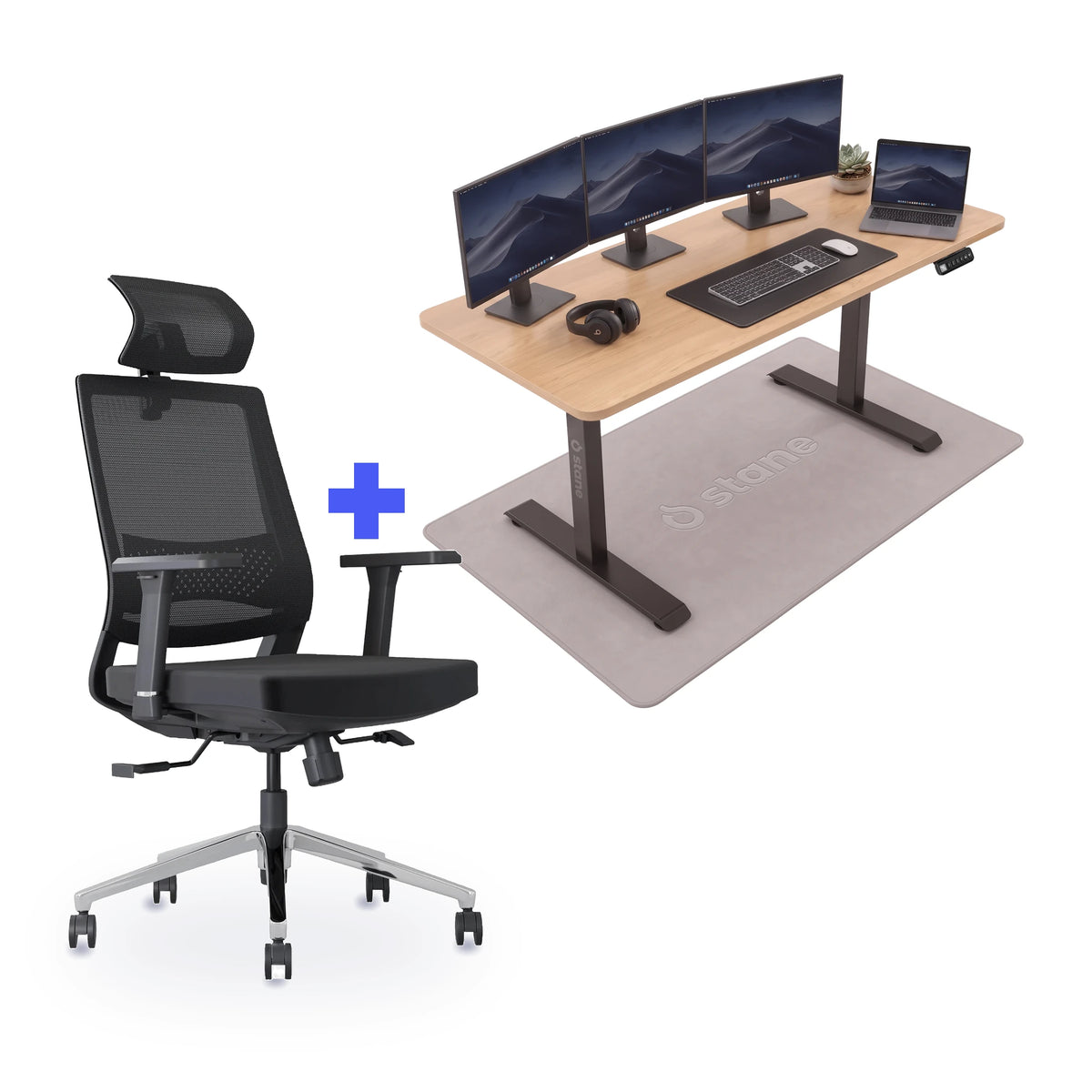 Stane Classic Plus met zit-sta bureau 160 x 80 cm, eiken blad en zwart frame