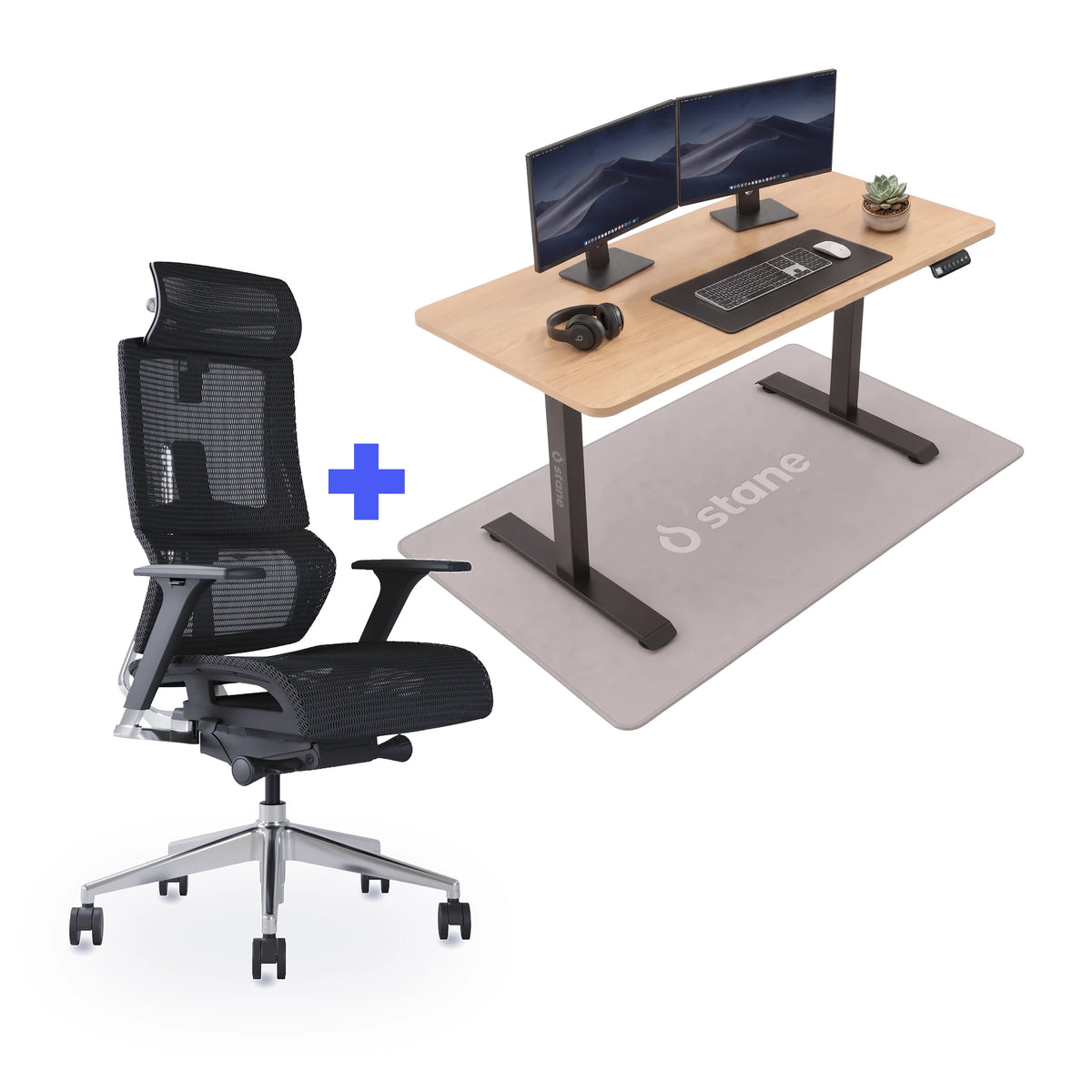 Stane Elite mesh met zit-sta bureau 140 x 60 cm, eiken blad en zwart frame