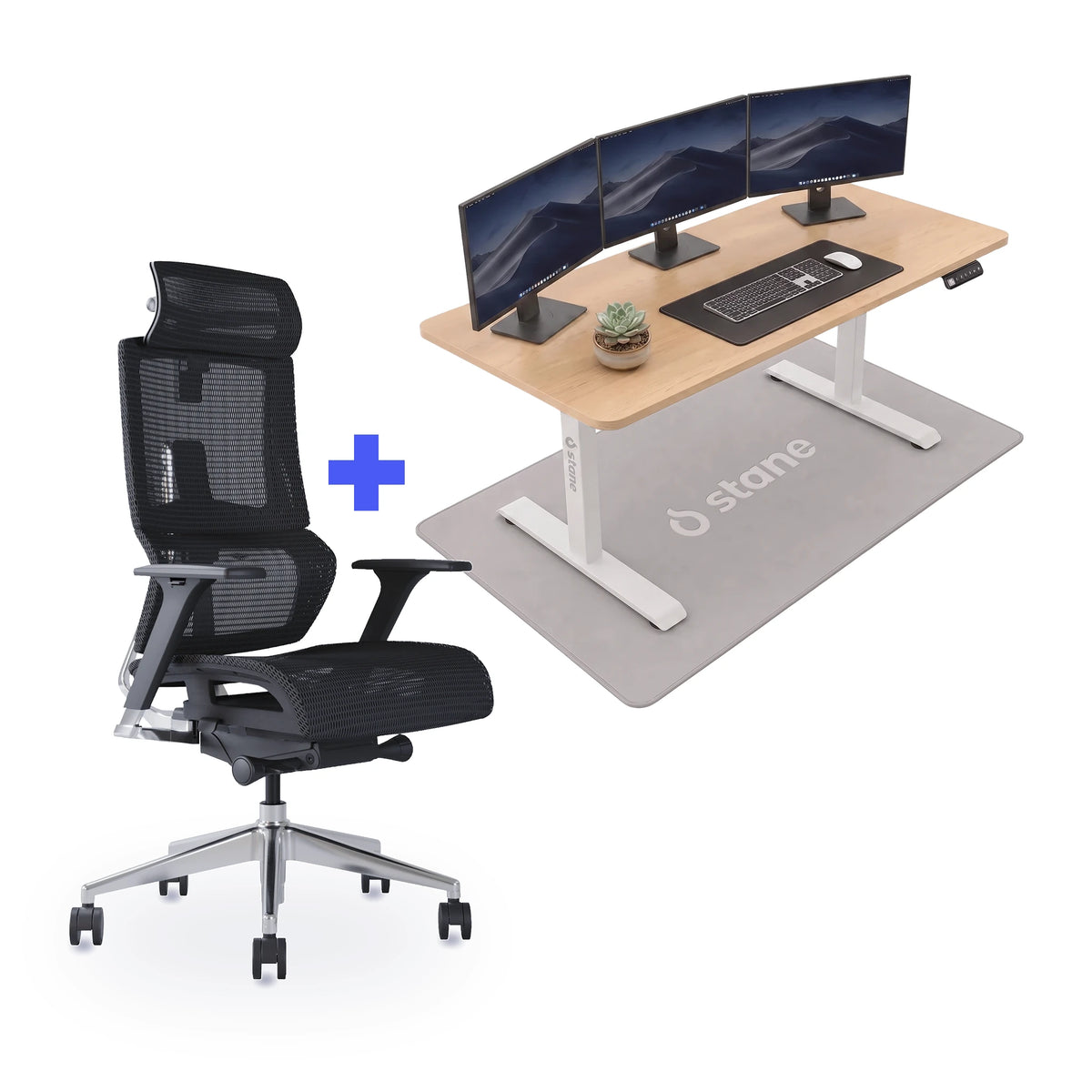Stane Elite mesh met zit-sta bureau 140 x 80 cm, eiken blad en wit frame