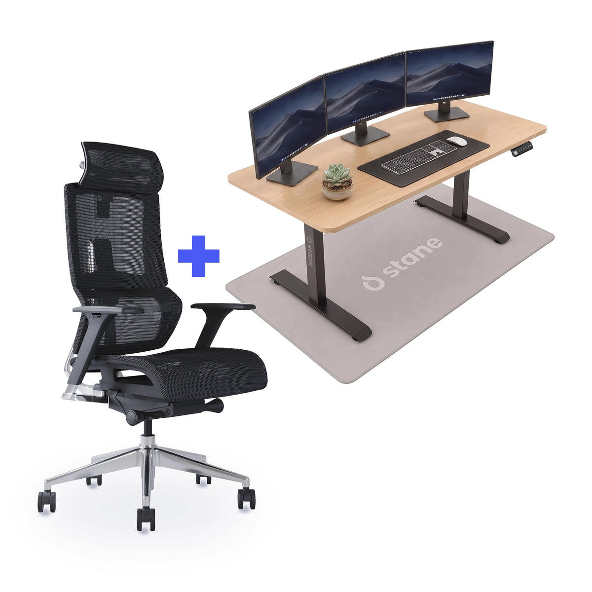 Stane Elite mesh met zit-sta bureau 140 x 80 cm, eiken blad en zwart frame
