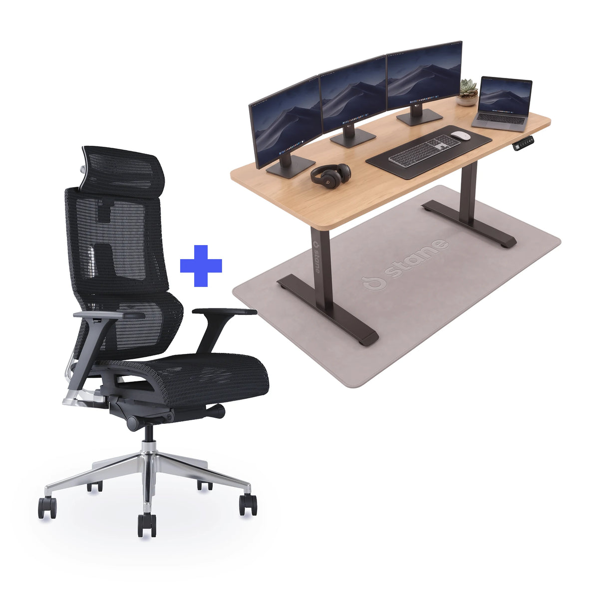 Stane Elite mesh met zit-sta bureau 160 x 80 cm, eiken blad en zwart frame
