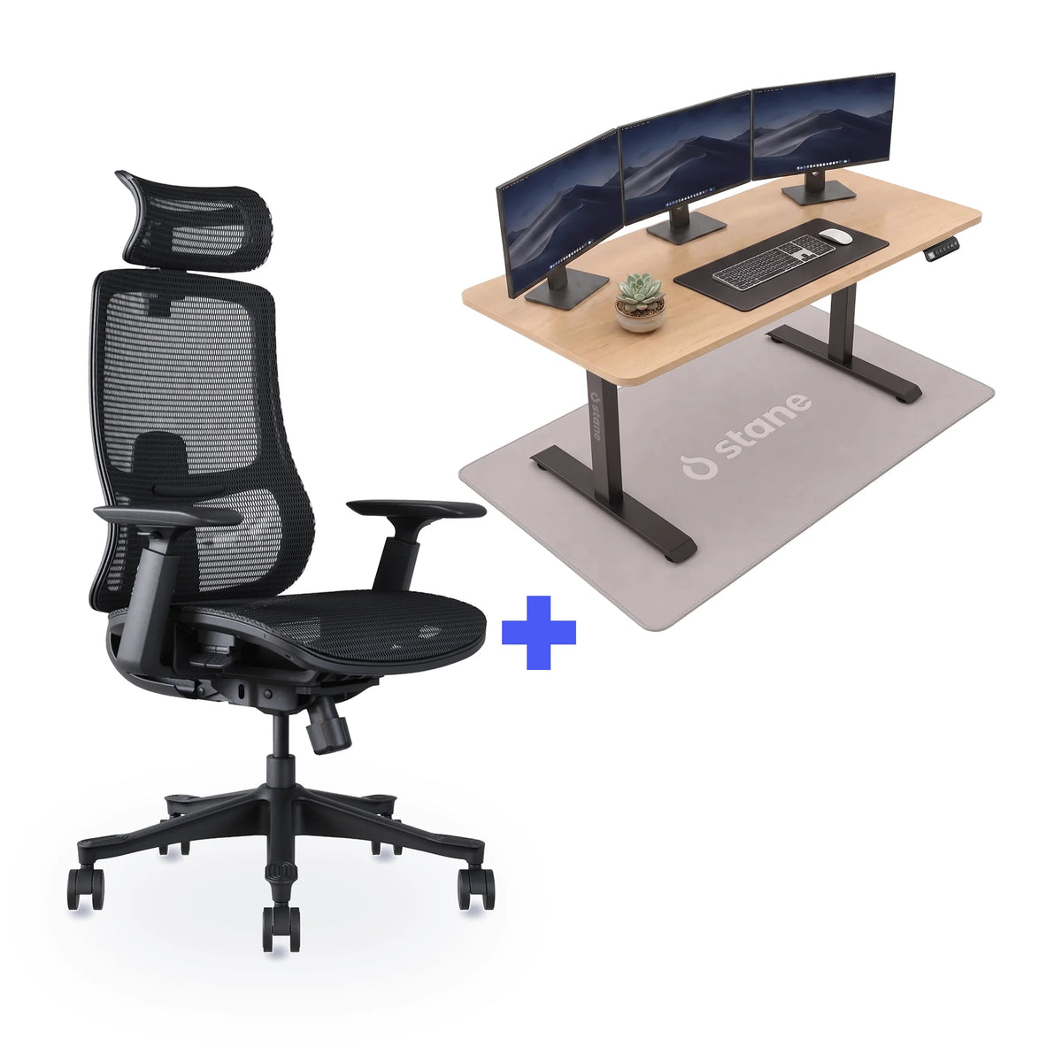 Stane Premium mesh met zit-sta bureau 140 x 80 cm, eiken blad en zwart frame