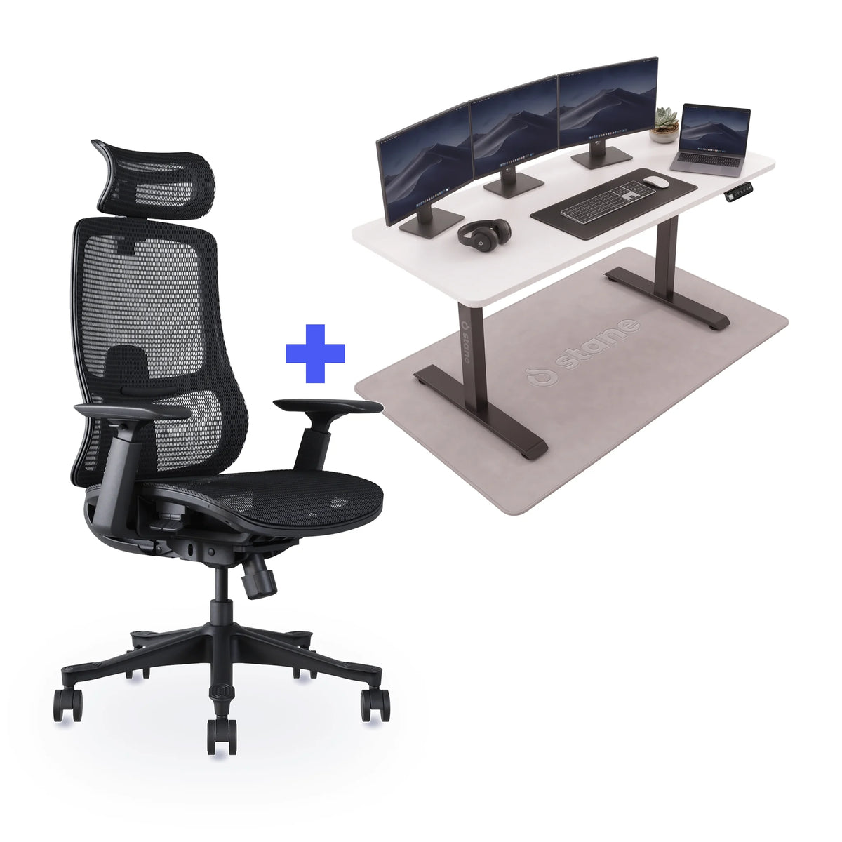 Stane Premium mesh met zit-sta bureau 160 x 80 cm, wit blad en zwart frame