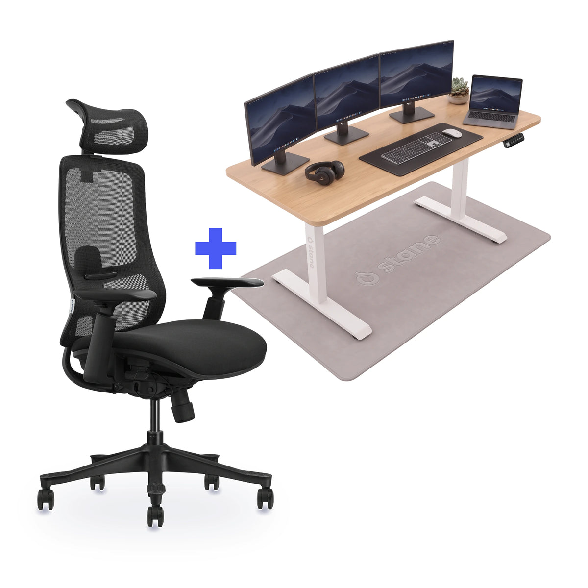 Stane Premium schuim met zit-sta bureau 160 x 80 cm, eiken blad en wit frame