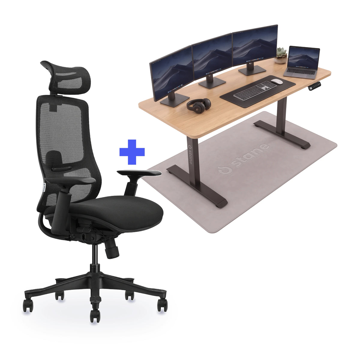 Stane Premium schuim met zit-sta bureau 160 x 80 cm, eiken blad en zwart frame