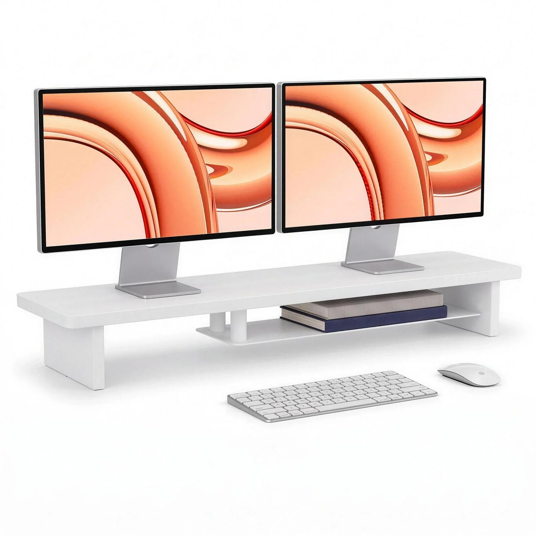 Stane Desk Shelf in wit gelakt, met twee monitoren, toetsenbord en muis