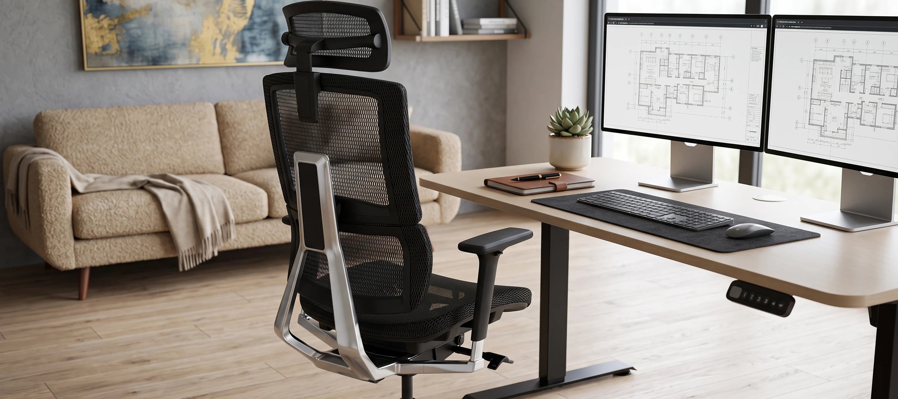 De Stane Elite met gepolijst aluminium onderstel aan een massief eiken bureau in warm avondlicht.