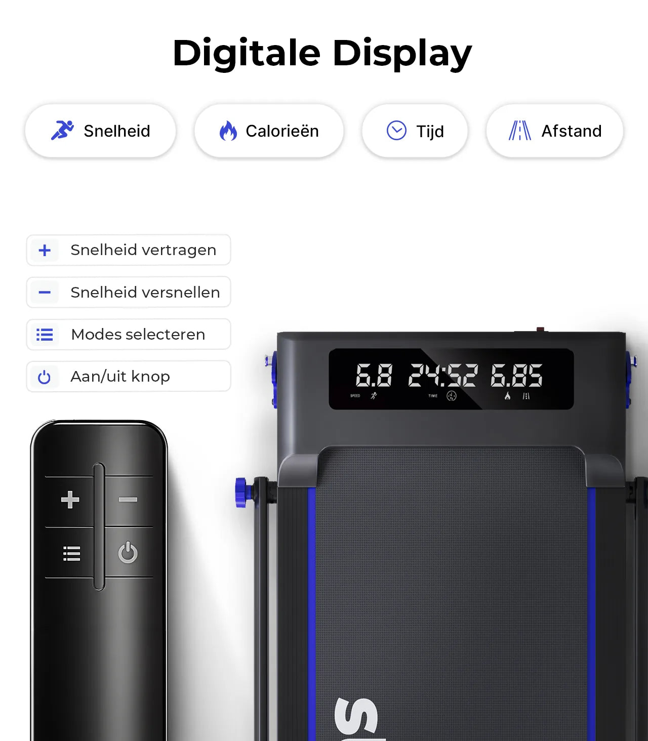 Digitale display van de Stane loopband met snelheid, calorieen, tijd en afstand, plus afstandsbediening