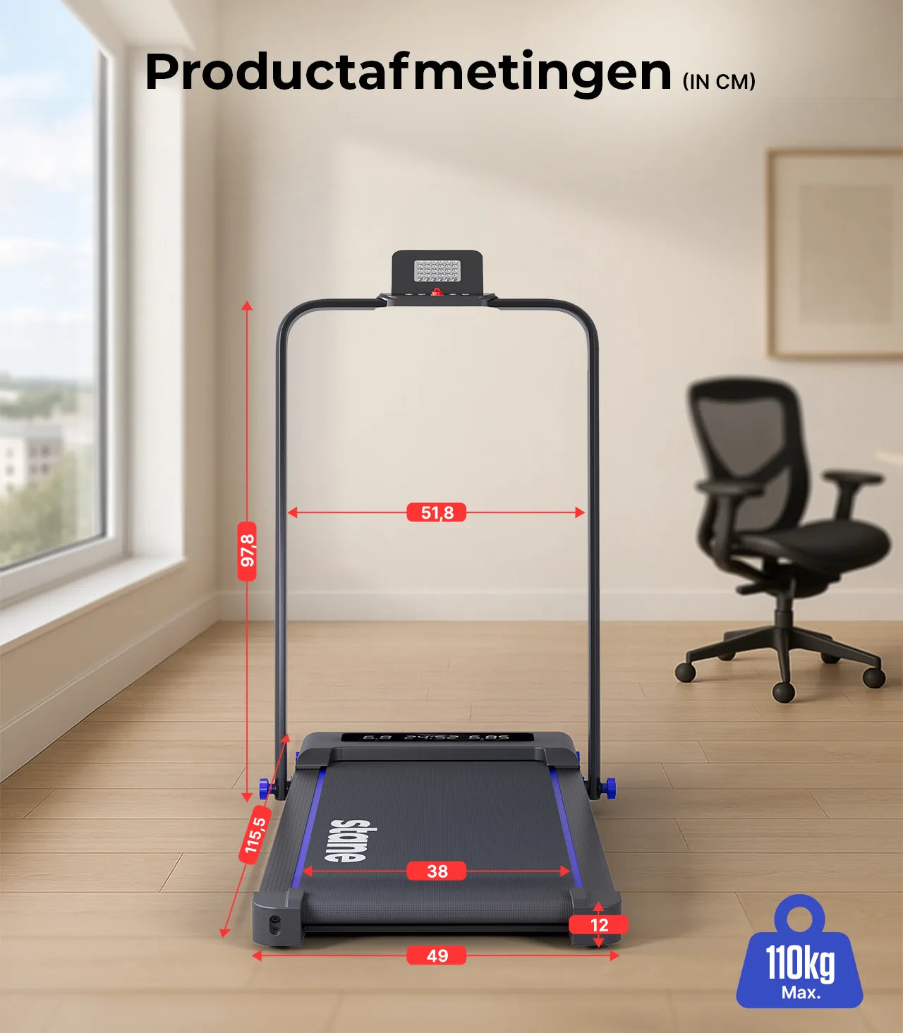 Productafmetingen van de Stane loopband in centimeters, maximaal 110 kg