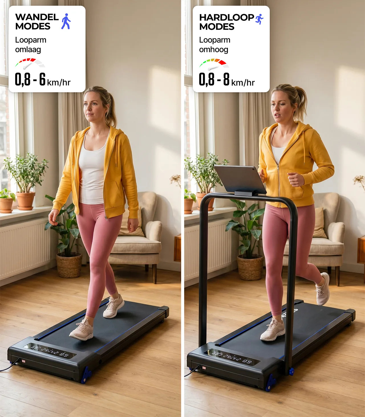 Stane loopband met wandelmodus 0,8 tot 6 km per uur en hardloopmodus 0,8 tot 8 km per uur